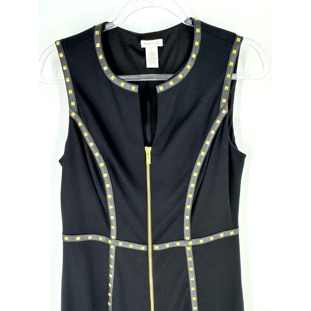 Cache Black Studded Faux Leather Trim Zip Front Sheath Dress Womens 10 - Picture 2 of 5